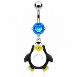 Silver belly bar with blue crystal and black and white penguin dangle