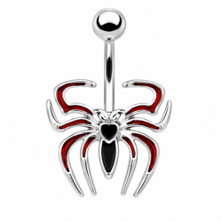 Silver spider belly bar with black body and red enamel accents on the legs