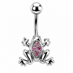 Silver belly bar with frog design featuring sparkling pink crystals on the body