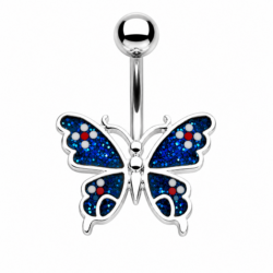 Silver butterfly belly bar with sparkling blue wings and red and white decorative accents