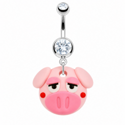 Silver belly bar with clear crystals and pink rubber piggy dangle