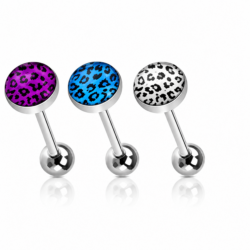 Silver tongue bars with leopard print disc tops in purple, blue and white colours