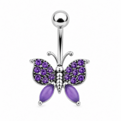 Silver belly bar with butterfly design featuring sparkling purple crystals and purple marquise gems