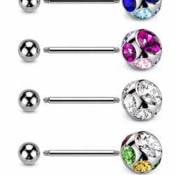 Silver tongue bars with 7 CZ gem balls in blue, pink, clear and rainbow