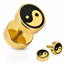 Gold fake plug earring with black and gold yin yang design