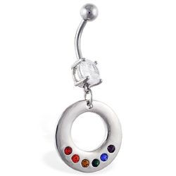 Belly Bar with Dangling Ring and Rainbow CZ Gems