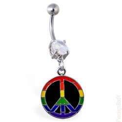 Belly Bar with Dangling Rainbow Peace Sign