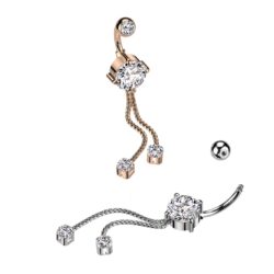 Belly Bar with 2 Clear CZ Rope Chain Dangles