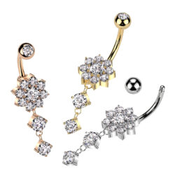Belly Bar with a Clear CZ Flower and Dangles