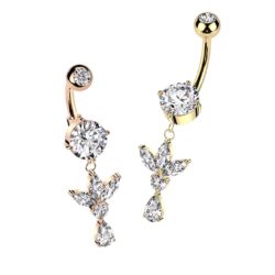 Belly Bar with a Leaf and Tear Drop Dangle