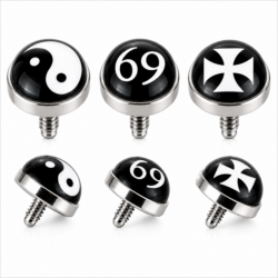 Silver threaded dermal heads with glossy black domed faces featuring Yin Yang, 69 and white cross designs