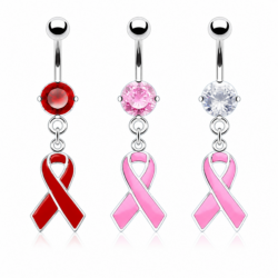 Silver belly bars with red and pink awareness ribbon dangles