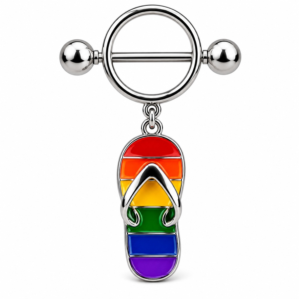 Nipple bar with rainbow sandal dangle