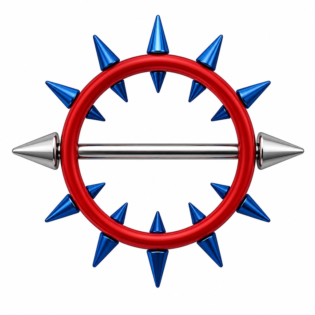 Red nipple shield with blue spikes and spike end barbell