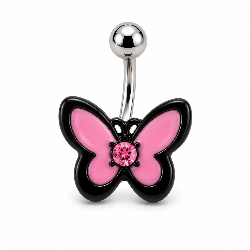 Black and pink butterfly belly bar