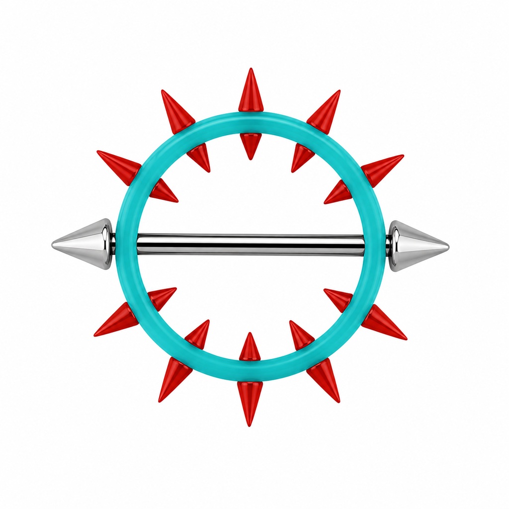 Aqua nipple shield with red spikes and spike end barbell