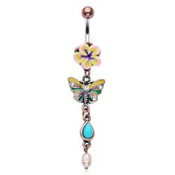 Belly Bar with Vintage Flower, Butterfly and Turquoise Tear Drop Dangle