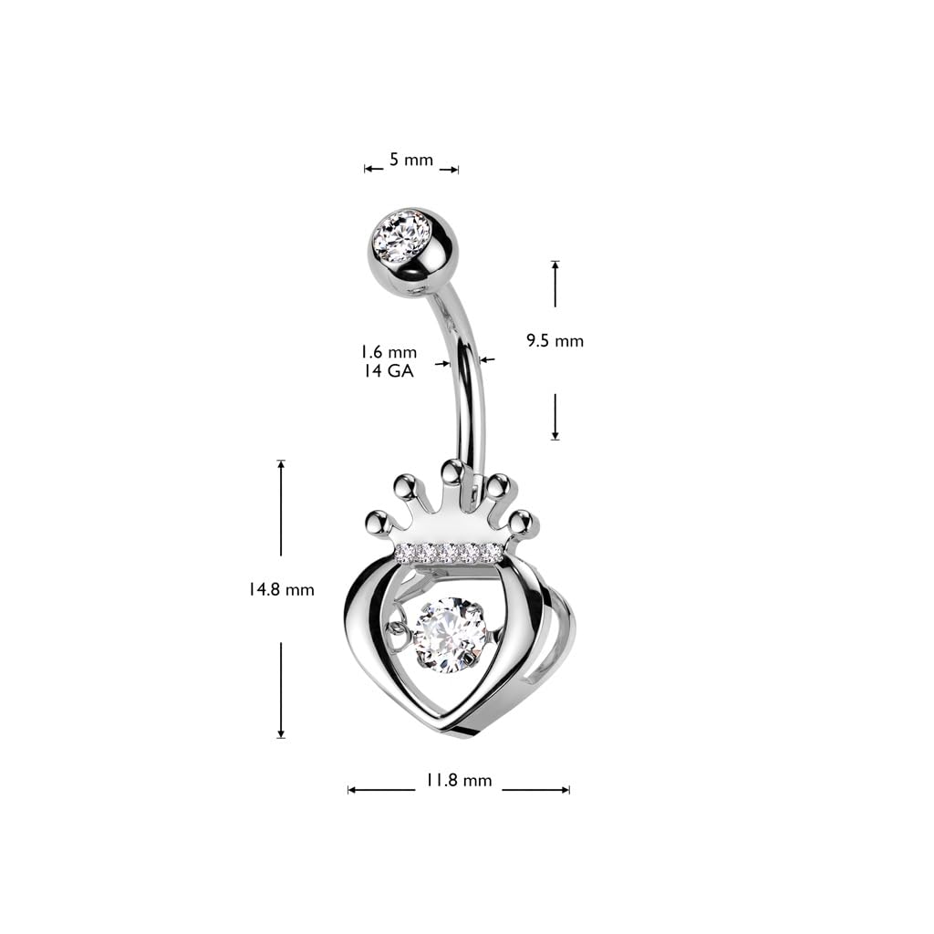 Belly Bar with a Hollow Clear CZ Crown Heart and Round Prong Set Clear CZ Dangle Centre - Image 4