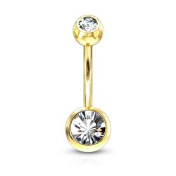 Gold Belly Bar with Clear CZ Gems