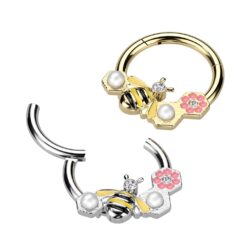 Hinged Ring with Bee, Pearls and a Pink Flower