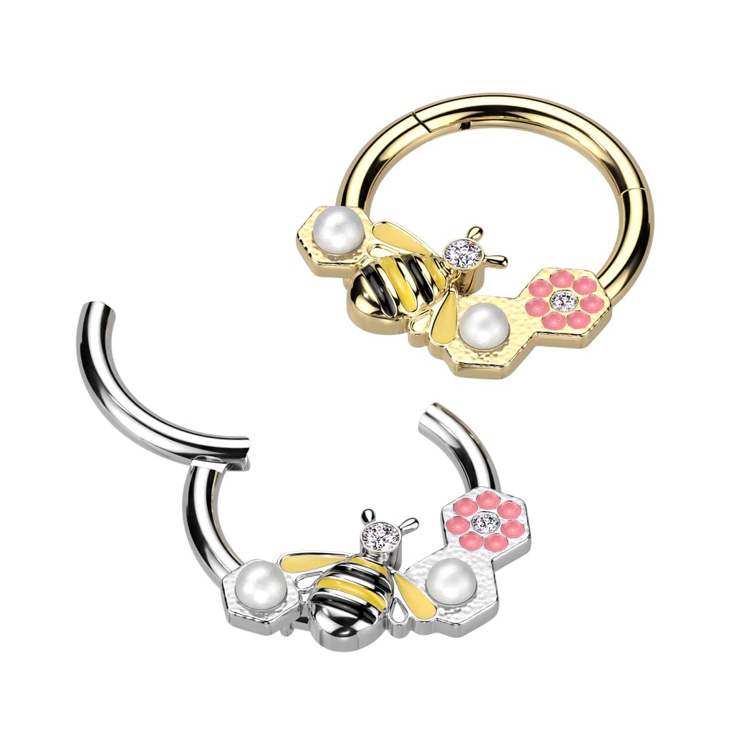 Hinged Ring with Bee, Pearls and a Pink Flower