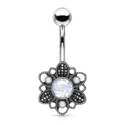 Belly Bar with a White Opalite Crystal Set Flower