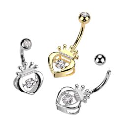 Belly Bar with a Hollow Clear CZ Crown Heart and Round Prong Set Clear CZ Dangle Centre