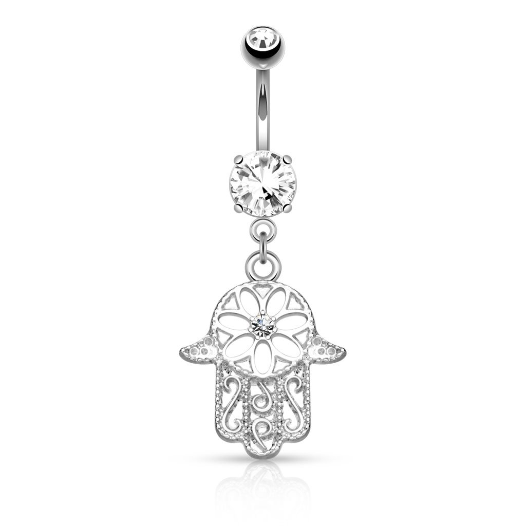 Belly Bar with a Beaded Outline Hamsa with Centred CZ Gem Dangle - Image 2