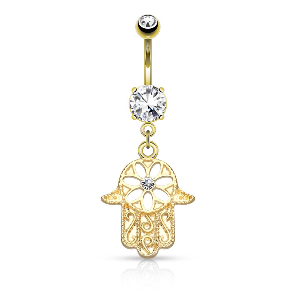 Belly Bar with a Beaded Outline Hamsa with Centred CZ Gem Dangle - Image 5