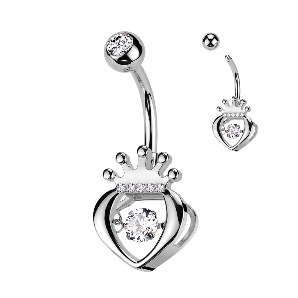 Belly Bar with a Hollow Clear CZ Crown Heart and Round Prong Set Clear CZ Dangle Centre - Image 3