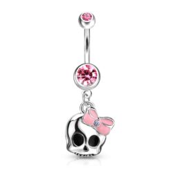 Belly Bar with a Skull and Pink Bow Dangle