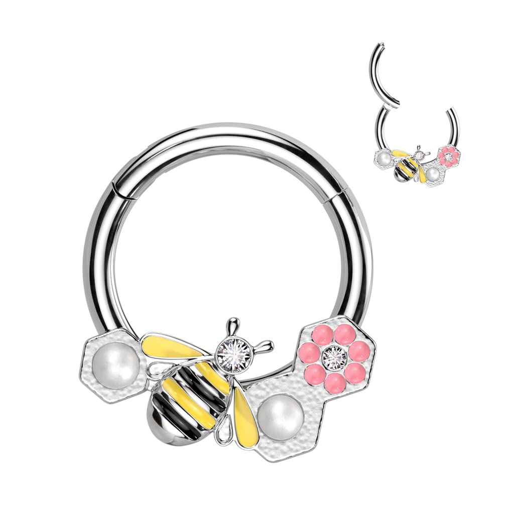 Hinged Ring with Bee, Pearls and a Pink Flower - Image 2