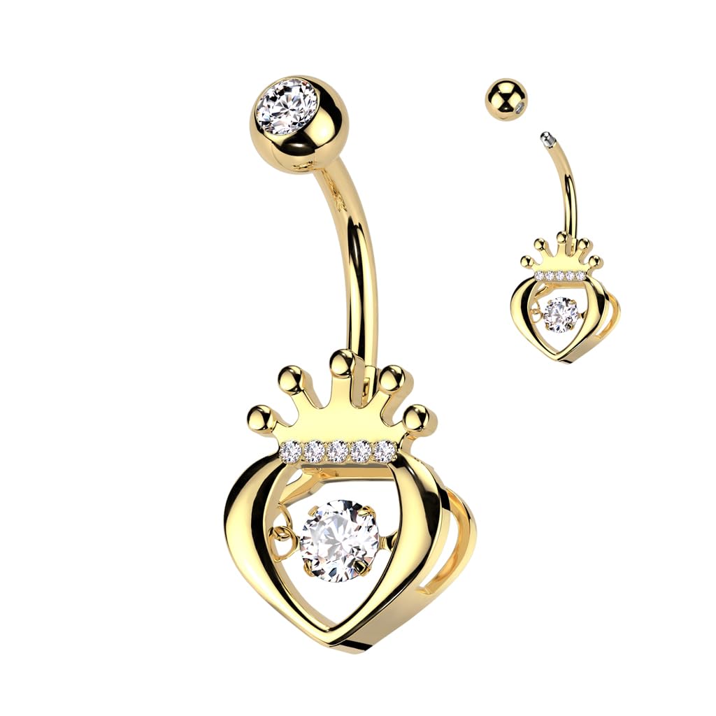 Belly Bar with a Hollow Clear CZ Crown Heart and Round Prong Set Clear CZ Dangle Centre - Image 2