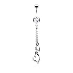Belly Bar with 2 Hearts on a Chain Dangle