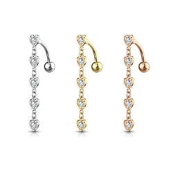 Top Down (Reverse) Belly Bar with 5 CZ Hearts Dangle