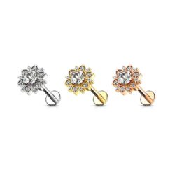 Labret with Large Clear CZ Paved Flower