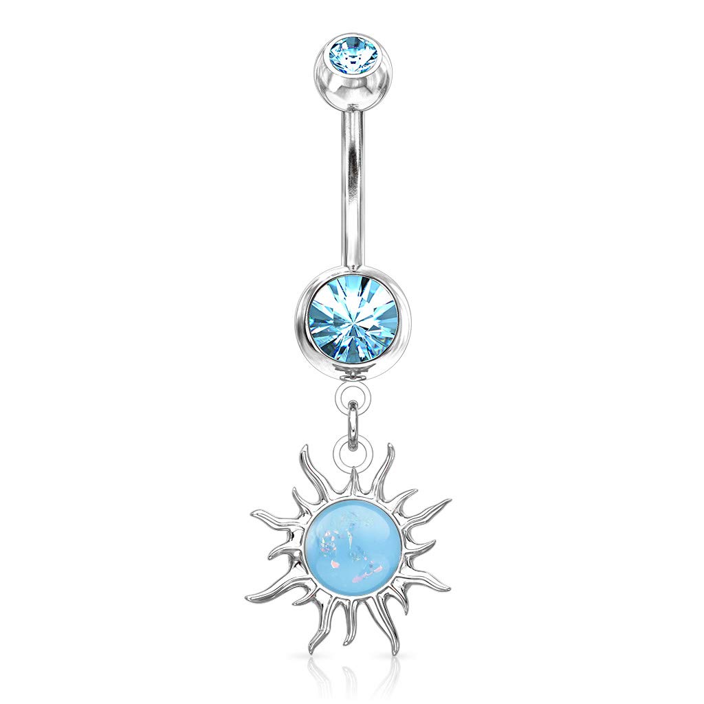 Belly Bar with a Tribal Sun with Imitation Opal Glitter Dangle - Image 5