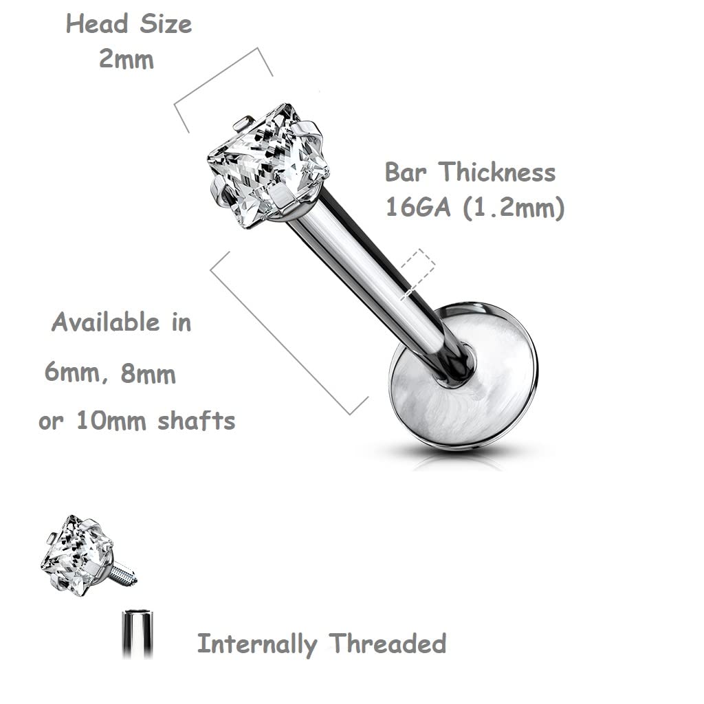 Titanium Labret with a Clear Square CZ Gem - Image 3