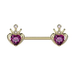 Gold Tone Nipple Bar with a Crown and Purple Crystal Heart