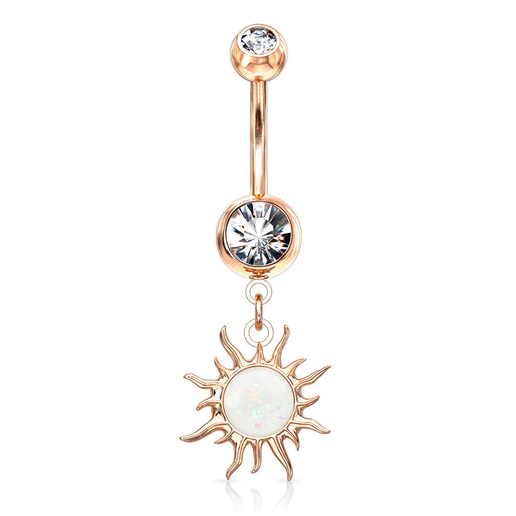 Belly Bar with a Tribal Sun with Imitation Opal Glitter Dangle - Image 6