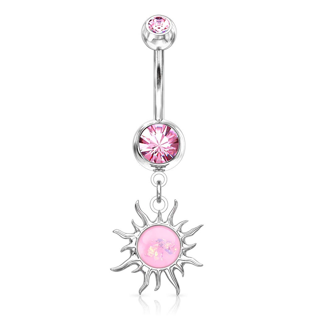 Belly Bar with a Tribal Sun with Imitation Opal Glitter Dangle - Image 2