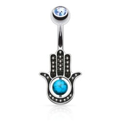 Belly Bar with a Hamsa Hand, a CZ Gem and a Turquoise Stone