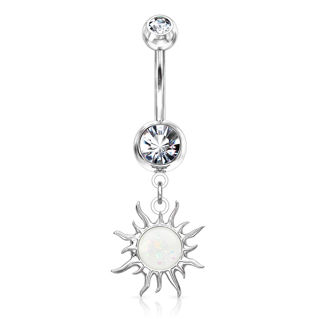 Belly Bar with a Tribal Sun with Imitation Opal Glitter Dangle - Image 3