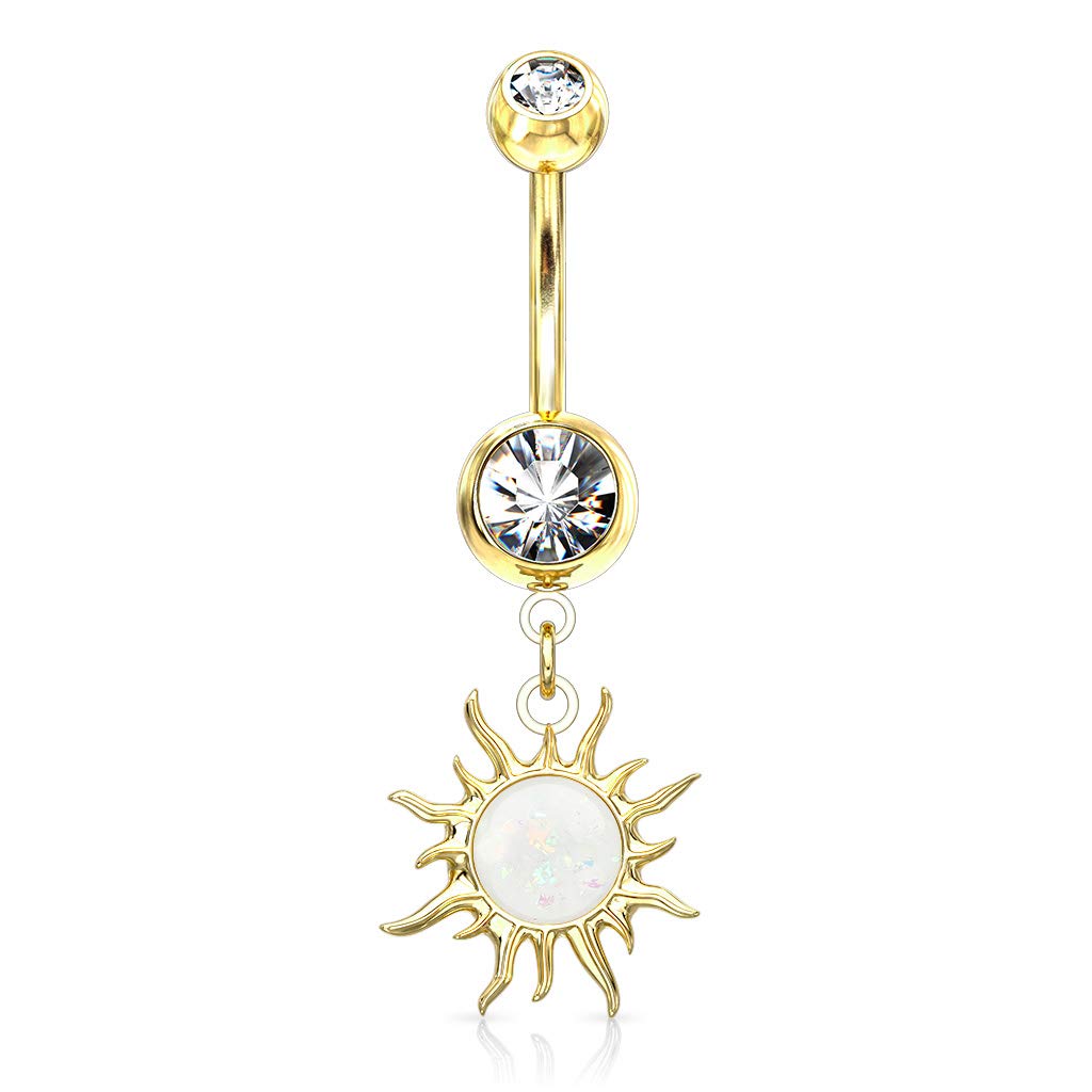 Belly Bar with a Tribal Sun with Imitation Opal Glitter Dangle - Image 4