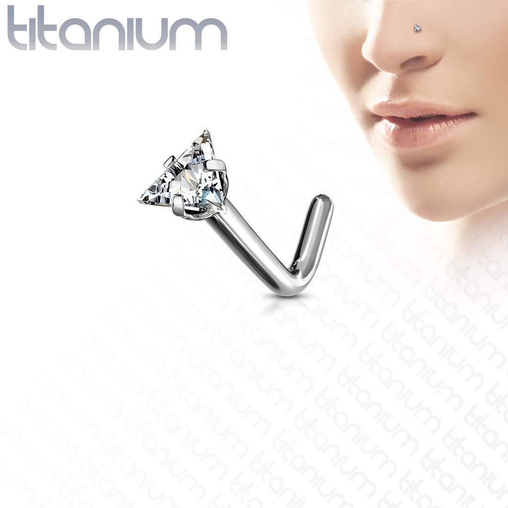 Titanium L Bend Nose Stud with 3mm Clear CZ Triangle - Image 2
