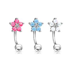 Curved Barbell with a Clear CZ Centre and a Synthetic Opal Glitter Flower