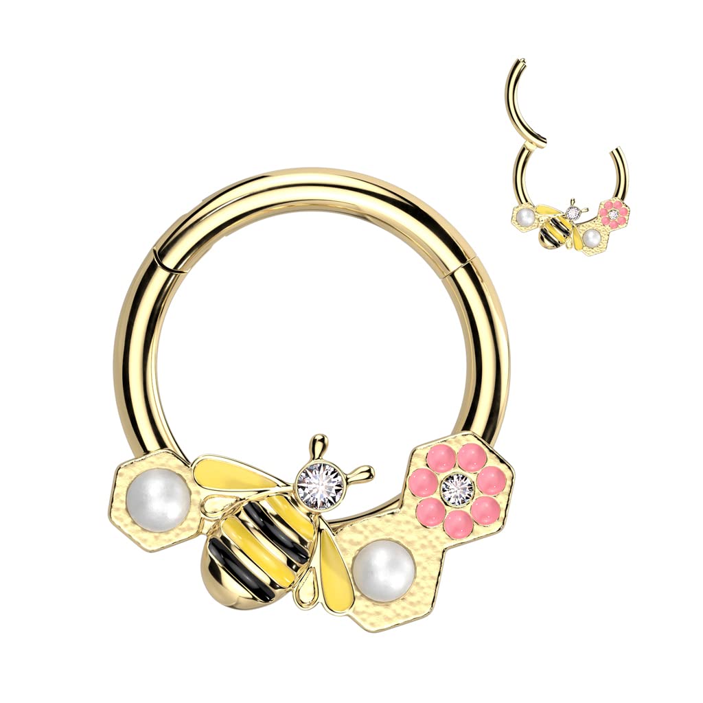 Hinged Ring with Bee, Pearls and a Pink Flower - Image 3