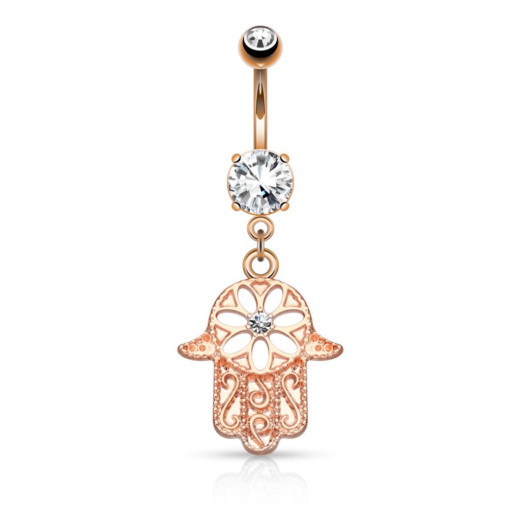 Belly Bar with a Beaded Outline Hamsa with Centred CZ Gem Dangle - Image 3