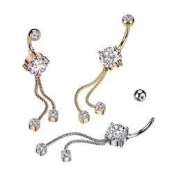 Belly Bar with 2 Clear CZ Rope Chain Dangles