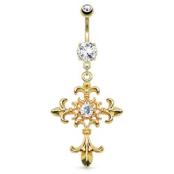 Gold Belly Bar with a Fleur de Lis Cross Dangle